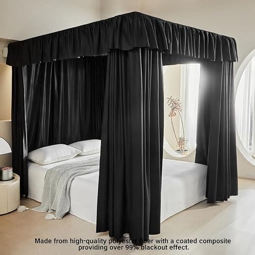 AIKASY Black Thickened Bed Canopy Curtains - Elegant Bedroom Decor for Adults and Girls - Strong Lightproof and Windproof Design(Twin, Black) thumbnail 3