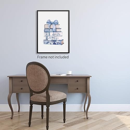 FuSatisYilife Coquette Bow Book Wall Art Blue and White Chinoiserie Flower Poster Fashion Minimalist Library Canvas Prints for Office Apartment Wall Decor 12X16 inch Unframed thumbnail 3