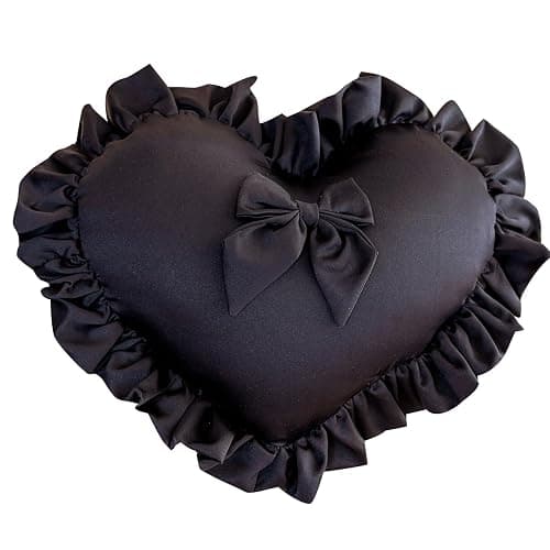 MOJUN Black Heart Pillow, Soft Heart Shaped Pillow with Bow Ruffle Design Love Room Decor Pillows for Sofa Bed Chair Cute Heart Shaped Throw Pillow Cushion for Bedroom Living Room - Image 1