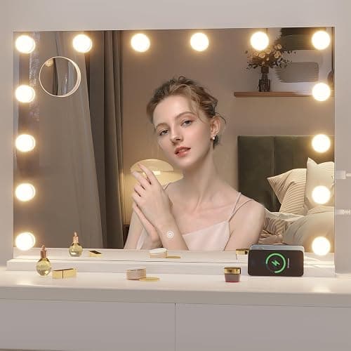 Hasipu Hollywood Vanity Mirror with Lights, 29" x 20" Makeup Mirror with 14 Dimmable LED Bulbs 3 Color Modes & Detachable, 5X Magnifying Glass, Touch Control, USB and Type-C, Tempered Glass thumbnail 8