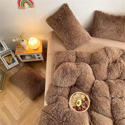 chovy Faux Fur Plush Coffee Comforter Sets Queen - Ultra Soft Shaggy Flannel Velvet Fluffy Fuzzy 3PC Bedding Set （Comforter x 1 Pillowcases x 2） thumbnail 3