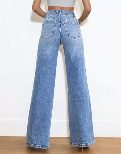 Kedera Women's High Waisted Jeans Stretchy Pearl Beaded Jeans Wide Leg Casual Denim Trousers Y2K Trendy Baggy Pants thumbnail 2