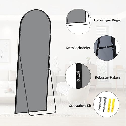 BONEWEI Ganzkörperspiegel 161x52cm, Bogen Standspiegel Ganzkörperspiegel mit Schwarzer Aluminiumrahmen, Groß Gewölbter Wandspiegel zum Stehen, Anlehnen oder Hängen für Wohnzimmer Schlafzimmer Flur thumbnail 6