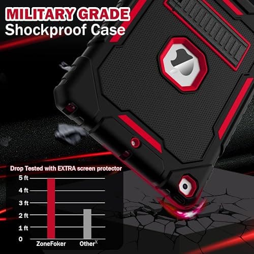 ZoneFoker Case for iPad 9th/8th/7th Generation 2021/2020/2019(10.2 inch), Heavy Duty Military Grade Shockproof Rugged Protective 10.2" Cover with Built-in Stand for iPad 9 8 7 Gen (Black+Red) thumbnail 3