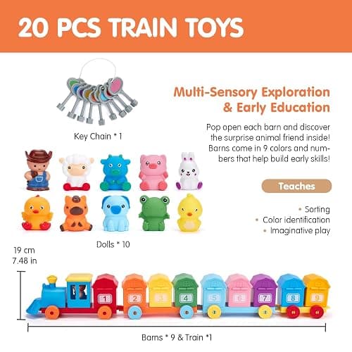 hahaland Toddler Learning Farm Train Set for Toddlers 1-3 Years | Counting Matching & Sorting Montessori Toys, Finger Puppets, Keys to Lock and Unlock Barns Birthday for Baby Boys Girls thumbnail 5
