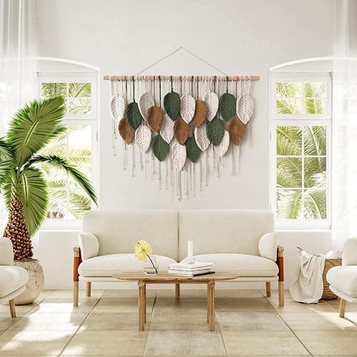 KHOYIME Large Macrame Wall Hanging Boho Woven Tapestry, Chic Home Decor Modern Bohemian Handmade Leaf Feather Wall Art Decorations for Apartment Dorm Living Room Bedroom Nursery Backdrop 39"W X 29.5"L thumbnail 6