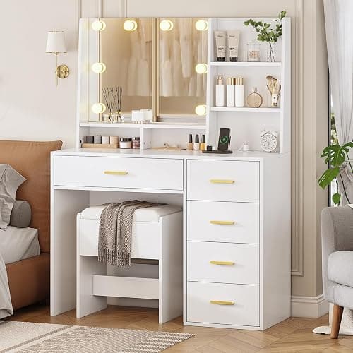 AOGLLATI Makeup Vanity Set with Lights, White Vanity Desk with Mirror and Lights, Makeup Vanity DeskTable with Cushioned Stool, Makeup Desk with Charging Station, Open Storage Shelves - Image 1