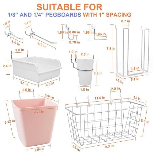 Pegboard Basket Organizers, Peg Board Large Baskets Hooks Bins Cups Tool Organizer 42 Pack Set, Wall Storage Display Hanging Accessories for Craft Office Stadio Shed Garage Organization (White & Pink) thumbnail 3