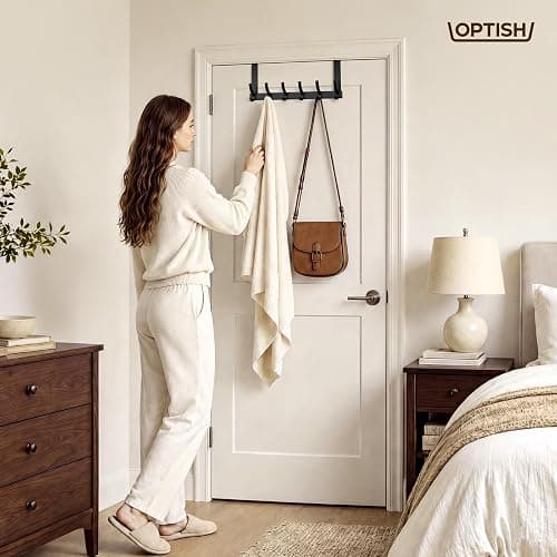 Optish Over The Door Hooks, Door Hanger Hooks for Hanging, Towel Racks for Bathroom with 12 Coat Hook, Coat Rack College Dorm Essentials Bathroom Accessories（1 Pack, Black） thumbnail 7