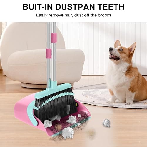 Broom and Dustpan Set, 52-in Long Adjustable Handle Broom Dustpan Combo with Dust pan Teeth to Automatically Clean Hair Suitable for Home Kitchen Office Hall Floor（Pink&Blue） thumbnail 5