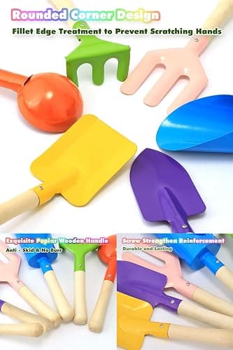 6 PCS 8" Kids Gardening Tools, Metal Beach Sandbox Digging Toys with Sturdy Wooden Handle, Safe Backyard Snow Sensory Playset Including Cylinder, Spoon, Fork, Rake, Flat & Pointed Shovels for Children thumbnail 4