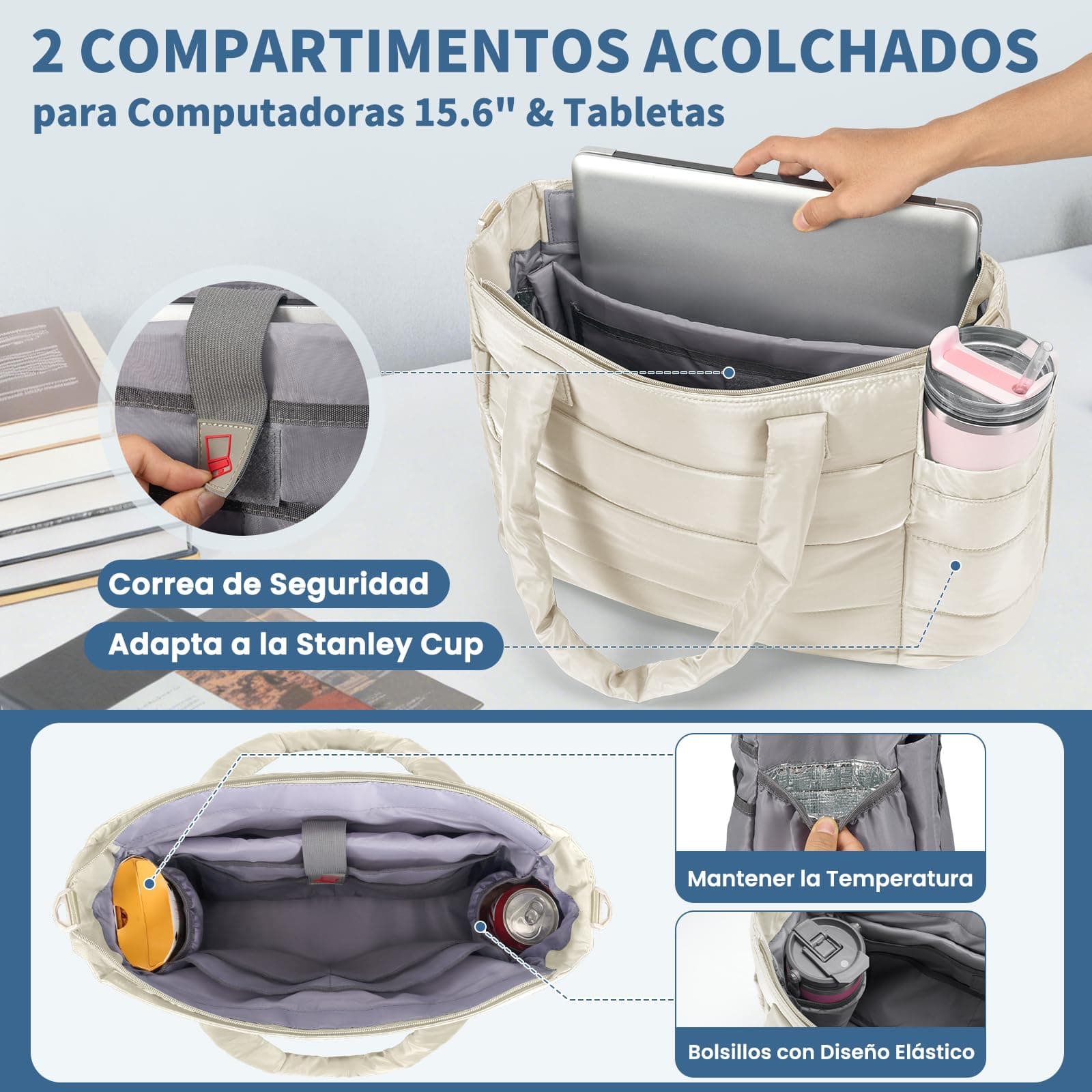 RAINSMORE Tote Bag Mujer Bolsa Tote Mujer Ligero con Compartimiento Laptop 15.6” & Bolsillos Aislantes Bolsas Acolchada Grande Impermeable con Cremallera para Trabajo Viajes thumbnail 4