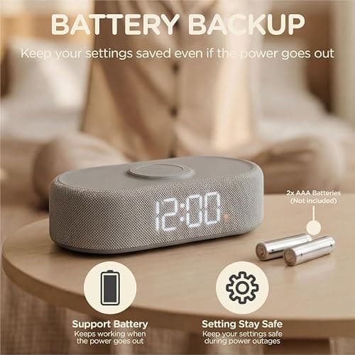 Lumoday Fabric Digital Alarm Clock for Bedroom, Wireless Charging, Beige | Wireless charging, USB-C port, dual alarm, 30-min snooze, dimmable display, ambient light, battery backup, bedside use thumbnail 7