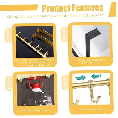 Gold Aluminium Over-The-Door Hanger with 6 Slideable Hook, Anodized Heavy-Duty Coat Hat Purse Key Organizer Rack for Bedroom, Bathroom & Hallway thumbnail 4