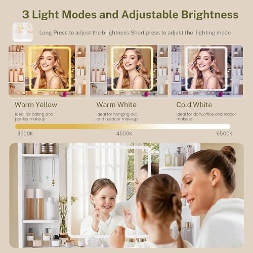 FIONESO Vanity Desk with Mirror and Lights, Makeup Vanity with Power Outlet and 4 Drawers & 6 Shelves & 5 Hooks, 3 Color Modes & Adjustable Brightness, White Vanity for Bedroom thumbnail 5
