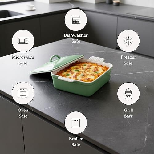 ROSSALLINI Stoneware Casserole Dish Bakeware with Lid | Covered Square Dinnerware | Medium 2 Quart, [Sage Green] thumbnail 6