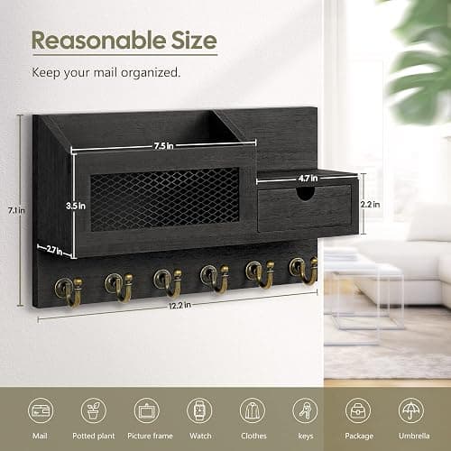 FifthQuarter Key and Mail Holder for Wall, Mail Organizer Wall Mount with 6 Hooks and Storage Drawer, Easy Installation Key Rack for Entryway and Home Decor (B-Black) - B-Black thumbnail 2