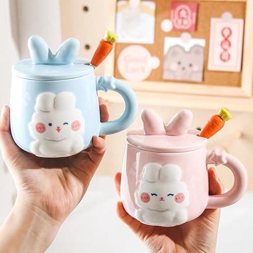 Heardbeli Cute Ceramic 3D Cartoon Rabbit Bunny Coffee Mug 420ML/14.2OZ, with Rabbit Ear Lid and Carrot Spoon, Fun and Novelty Gift for Women Girls (Blue) thumbnail 4