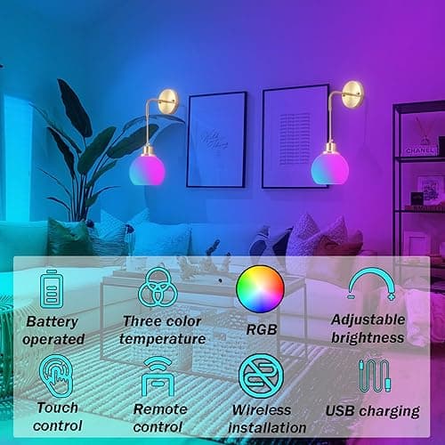 Wall Sconces Set Of Two Battery Operated Sconces With Remote,Rechargeable Wall Sconce Non Hardwired UP To 50 Hours Long Life,Globe Glass Wall Sconce With RGB light Bulb For Bedroom Living Room - Brass thumbnail 3