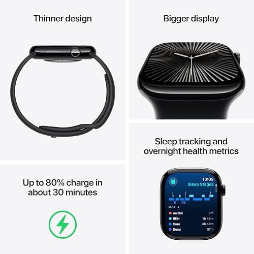 Apple Watch Series 10 [GPS 42mm] Smartwatch with Jet Black Aluminium Case with Black Sport Band. Fitness Tracker, ECG App, Always-On Retina Display, Water-Resistant - S/M - 42mm - Jet Black Aluminium Case With Black Sport Band - GPS thumbnail 3