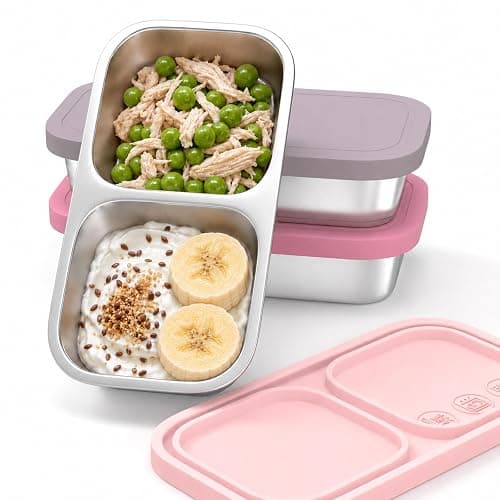 EC-Gaze 3 Pack Stainless Steel 2-Compartment Snack Containers, 8.4 oz | Reusable Snack Containers with Silicone Lids, On-the-Go Snacking, Meal Prep, School Lunches, Daycare and Travel - Image 1