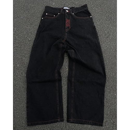 Y2K Jeans Men's Hip Hop Vintage Skull Embroidery Wash Denim Pants Gothic Straight Tube Loose Wide Leg Pants - Large - Black thumbnail 4