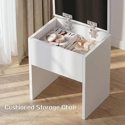 FUXA Makeup Vanity Desk with LED Mirror and Charging Station, Vanity Table Set with Storage Drawers, Shelves and Chair, Dressing Table with 3 Lighting Modes for Bedroom, White thumbnail 8