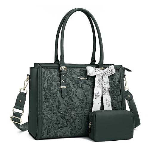 MOSISO Laptop Bag for Women, PU Leather Tote Bag, Front Embossed Retro Hibiscus Computer Bags with Silk Scarf&Clutch Purse - Image 1