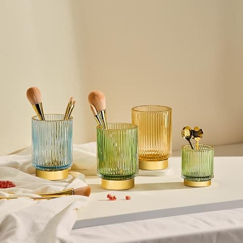 LEICURACE Makeup Brush Holder Organizer,Toothbrush Holders,Desk Pen Pencil Holder,Multifunctional Vintage Glass Brush Cup（L/Green/A3-6-US） thumbnail 9