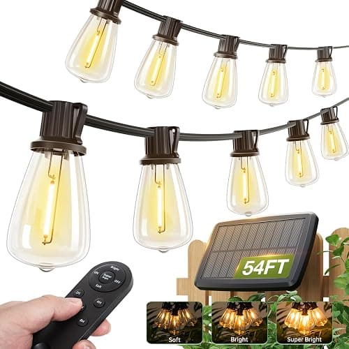 addlon 54(48+6) FT Solar String Lights Waterproof,Patio Lights Solar Powered with Remote & USB Port 15+1 LED Shatterproof Bulbs 3 Light Modes, Dimmable Solar Light for Camping Backyard Garden - Image 1
