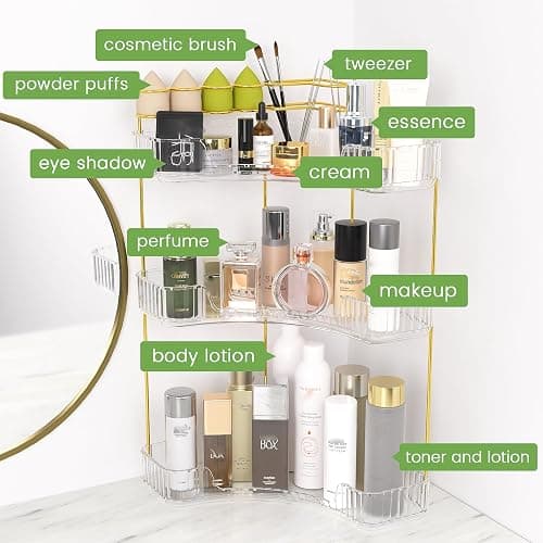 NATURE'S SOURCE Makeup Organizer for Vanity, 3-Tier Corner Bathroom Organizer Countertop with Makeup Brush Holder, Corner Counter Storage for Bathroom, Dresser, Kitchen（Clear thumbnail 4