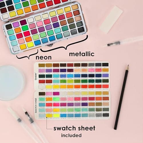 Grabie 100 Colors Watercolor Paint Set，Pack of 50 Regular, 35 Metallic, 10 Macaron and 5 Fluorescent Colors， Portable Metal Case, Water Brush Pens, and Accessories， For Beginners and Professionals thumbnail 5