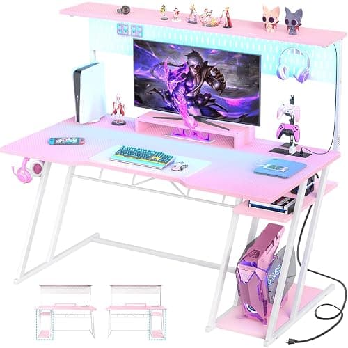 Armocity Pink Gaming Desk with Hutch and LED Lights, 53" Computer Desk with Storage Shelves, Reversible PC Gaming Desk with Pegboard, Gamer Desks for Bedroom, Carbon Fiber Surface - Image 1