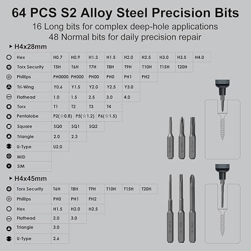 STREBITO Mini Electric Screwdriver Set, 70 in 1 Small Electric Screwdriver Cordless - 64 S2 Preicison Bits, 5 Torque Settings, 4 LED Lights, Mini Power Screwdriver Repair Tool Kit for PC RC Electronic thumbnail 5