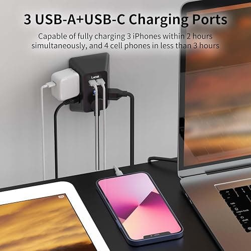 Surge Protector Outlet with 5-Multi Plug Outlet and 4 USB Ports (1 USB C), 3-Sided 1680J Power Strip Wall Charger for Home, Travel, Office - ETL Listed, Black thumbnail 3
