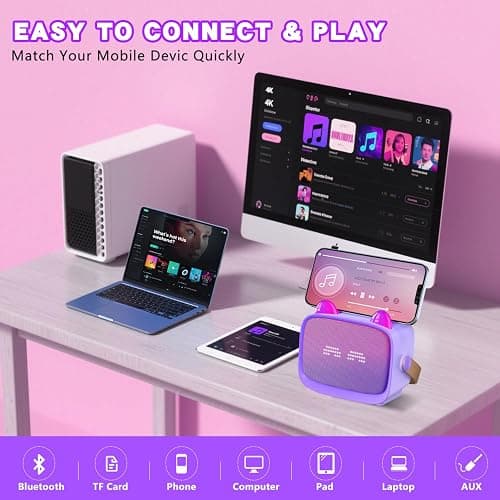 Mgaolo Upgraded Mini Karaoke Machine Toy for Kids, Portable Bluetooth Speaker with 2 Wireless Mics, Emoji & Colorful LED Lights, Home Travel & Party Play Gifts for Boys Girls (Purple) thumbnail 4