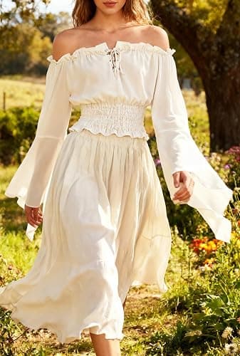 KIMIKAL Renaissance Cottagecore Shirt Women Peasant Blouse - Tie Front Off Shoulder Trumpet Sleeve Top thumbnail 6