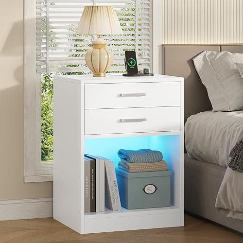 ADORNEVE LED Nightstands Set of 2,Night Stands for Bedrooms Set of 2,Nightstand with Charging Station and LED Lights,White Bedside Table with Power Outlets & Drawers,Modern End Side Table - White thumbnail 8