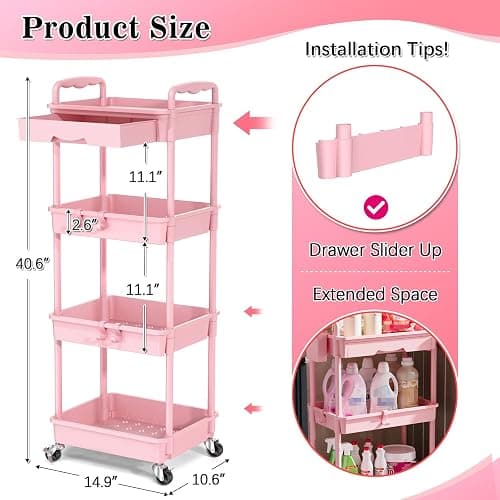 SUNALLY 4 Tier Rolling Utility Cart with Drawer, Storage Organizer Cart with 2 Lockable Wheels, Multifunctional Rolling Storage Cart for Bathroom, Kitchen, Craft, Makeup, Baby Essentials, Pink thumbnail 3