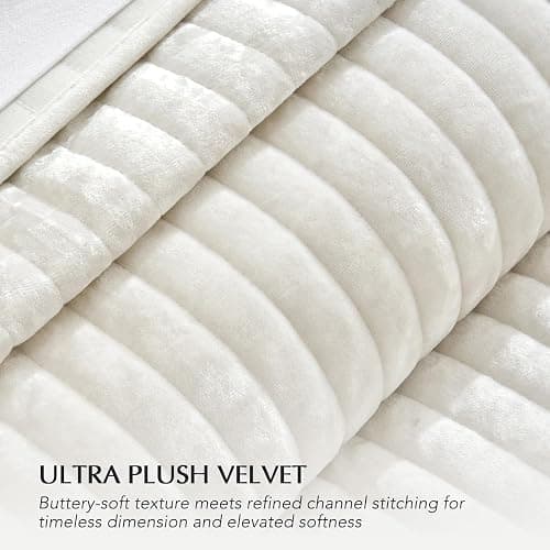 EVERGRACE Velvet Quilt Set King Size, Luxurious Soft Striped Channel Bedding Set, Lightweight Velvet Comforter for All Season, Oversized Bedspread Coverlet with 2 Matching Shams, Ivory White thumbnail 4