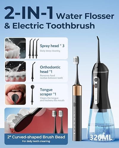 Electric Toothbrush with Water Flosser for Teeth, Sonic Electric Toothbrush and Electric Floss for Adults and Kids, Water Dental Picks, Cleaning and Flossing Dental Care, Waterproof thumbnail 2
