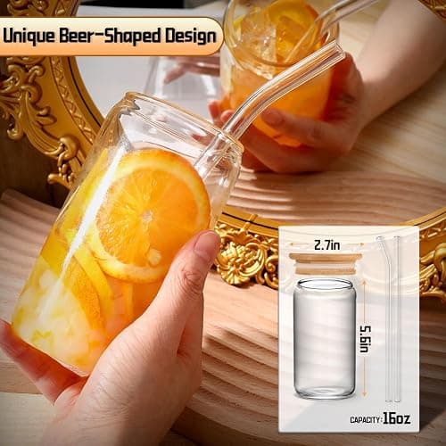 MHDCLY Iced Coffee Cup,Glass Cups with Lids and Straws,Drinking Glasses with Bamboo Lids and Glass Straw 4Pcs Set - 16Oz,Smoothie Cup,Beer Glasses,Clear Cute Tumbler Cup,Smoothie Cup thumbnail 3