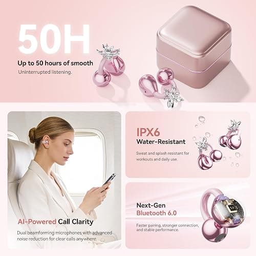 WUYUEGE Clip On Earbuds with Detachable Butterfly Earrings & LED Makeup Mirror Case, Wireless Earbuds Bluetooth 6.0, Air Conduction Headphones, Lightweight for Travel Work Daily Use,Great Gift Choice thumbnail 4