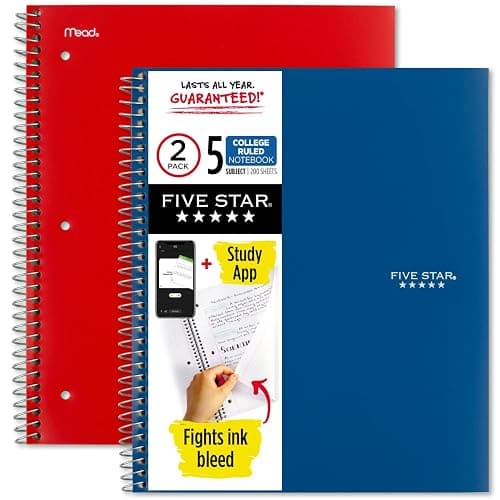 Five Star Spiral Notebook + Study App, 2 Pack, 5 Subject, College Ruled Paper, Fights Ink Bleed, Water Resistant Cover, 8-1/2" x 11", 200 Sheets, Pacific Blue & Fire Red (38459) - Image 1