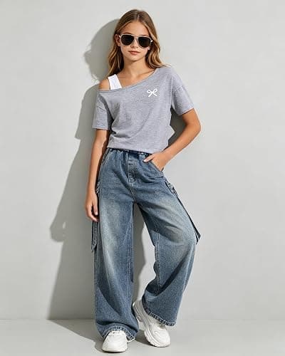 Kxuryueo Teen Girl Clothes One Shoulder Top and Wide Leg Stretch Jeans 2 Piece Casual Outfits Size 7-16 thumbnail 3