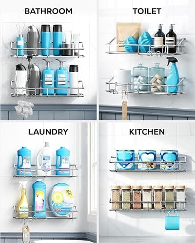Nieifi Shower Caddy Shelf Storage Rack Adhesive Without Drilling Stainless Steel with Hooks for Washroom, Lavatory, Restroom, Toilet, Bathroom, Kitchen - 2 Pack thumbnail 8