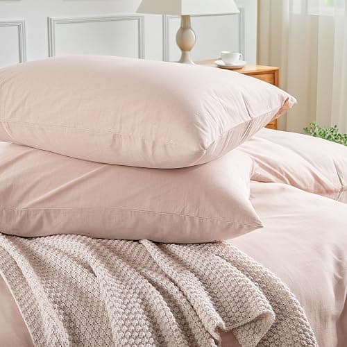 NEXHOME PRO Duvet Cover Set 100% Washed Cotton Full Size Linen Feel Textured Organic Natural 3 Pieces Bedding Set Greyish Light Pink with Zipper Closure and Corner Ties, Breathable(No Comforter) thumbnail 6