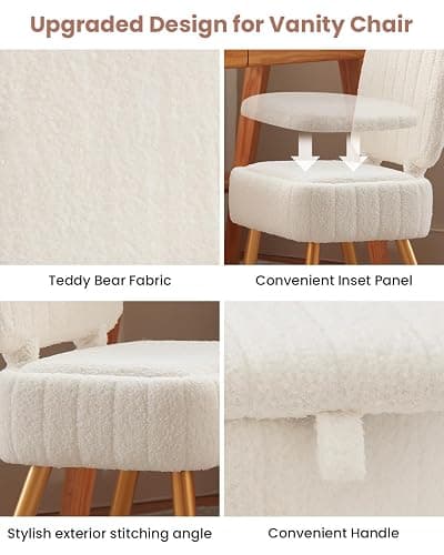 ZYKZYK Updated Vanity Chair, Storage Ottoman with Folding Back & Gold-Toned Metal Legs, Ottoman Seat with Teddy Velvet for Dressing Room Living Room Bedroom, 16" x 12.5" Inch thumbnail 7
