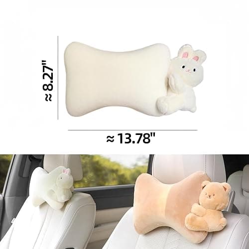 UINSUE Car Headrest Pillow 2PCS Plush Bear ＆ Bunny Car Seat Headrest Pillow - Memory Foam Neck Support Cushions for Comfortable Driving, Easy Install & Washable (White Rabbit) thumbnail 3