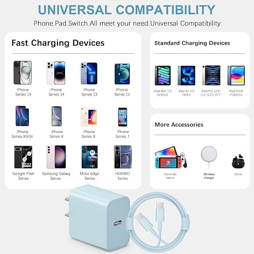 iPhone 17 16 15 Charger Fast Charging Type C Chargers USB C Charger Block iPhone Air Chargers with 2 Pack 6FT Cable for iPhone 17/17 Plus/17 Pro Max/16/16 Plus/16 Pro Max/15 Pro Max/iPad Pro(Blue) thumbnail 4